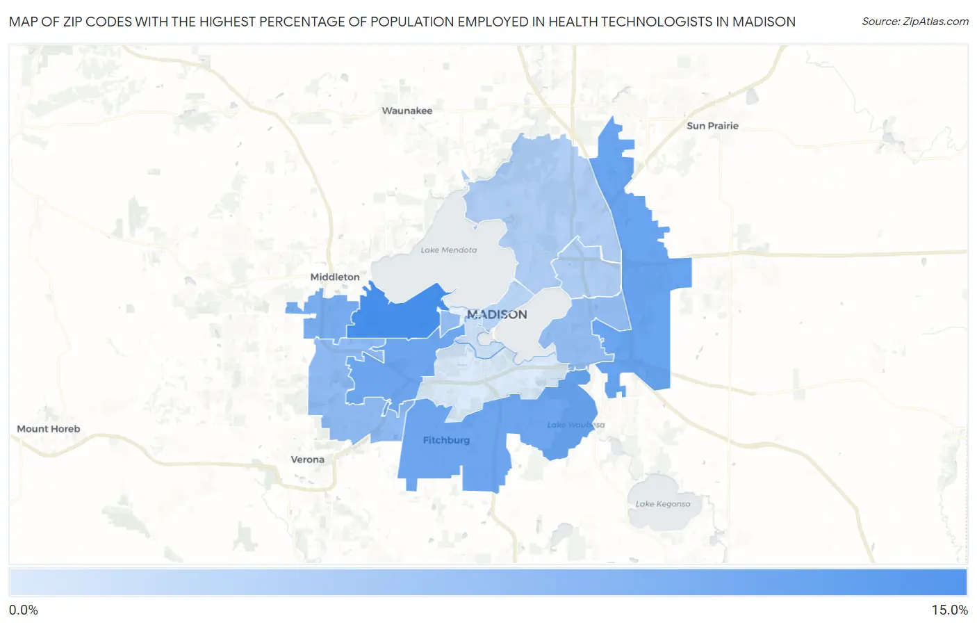 Zip Codes with the Highest Percentage of Population Employed in Health Technologists in Madison Map