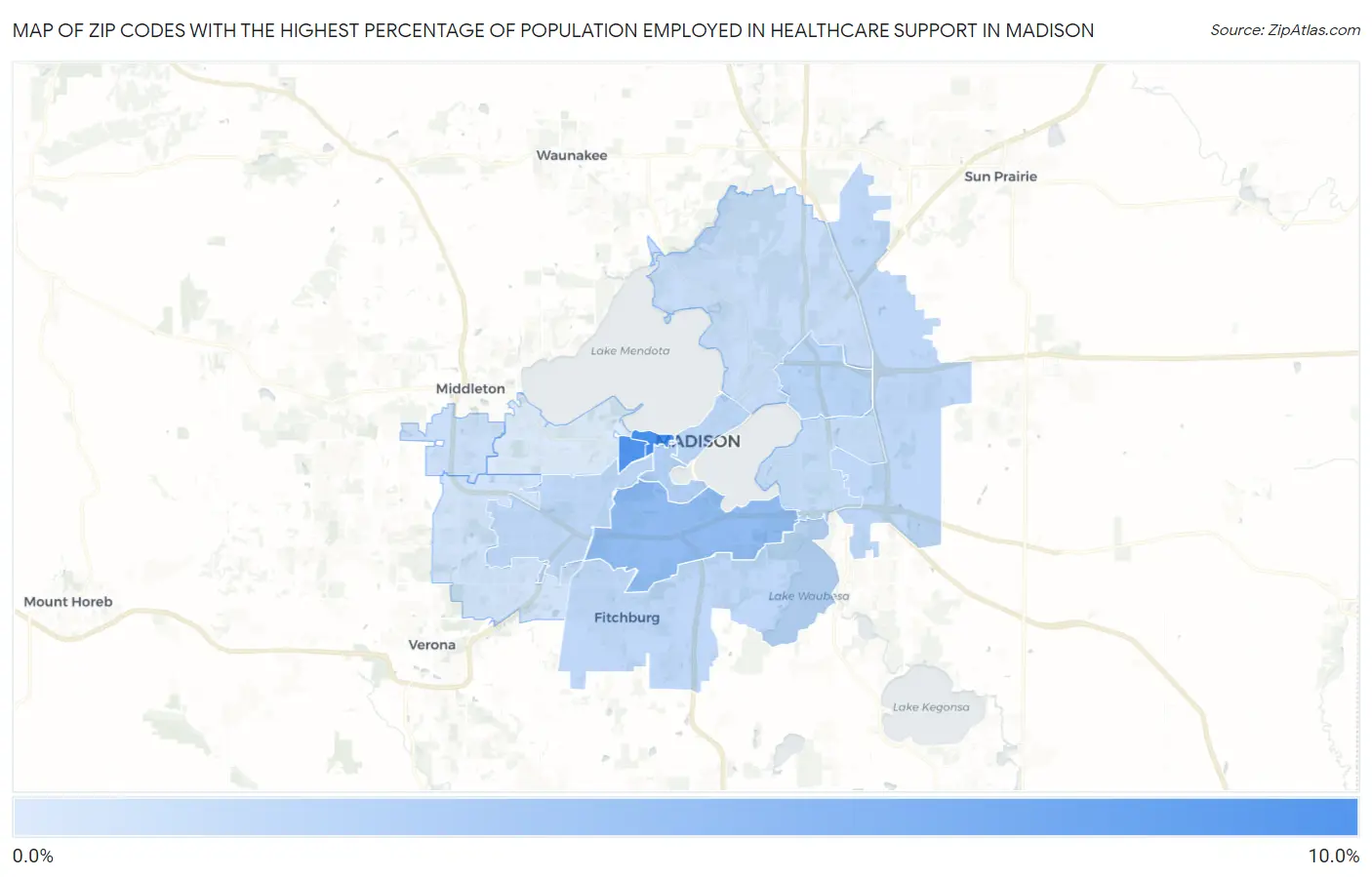 Zip Codes with the Highest Percentage of Population Employed in Healthcare Support in Madison Map