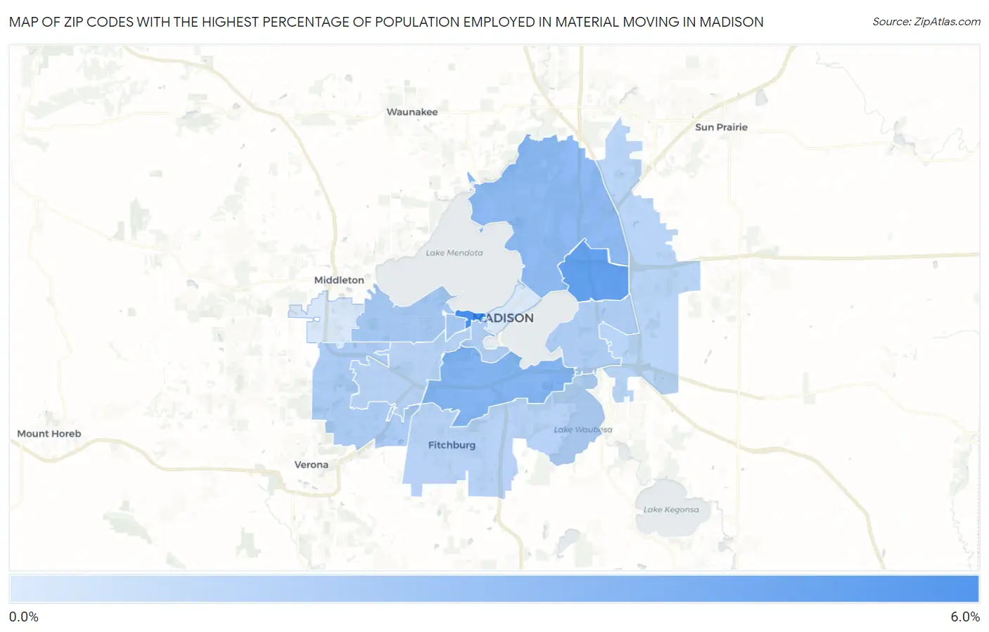 Zip Codes with the Highest Percentage of Population Employed in Material Moving in Madison Map