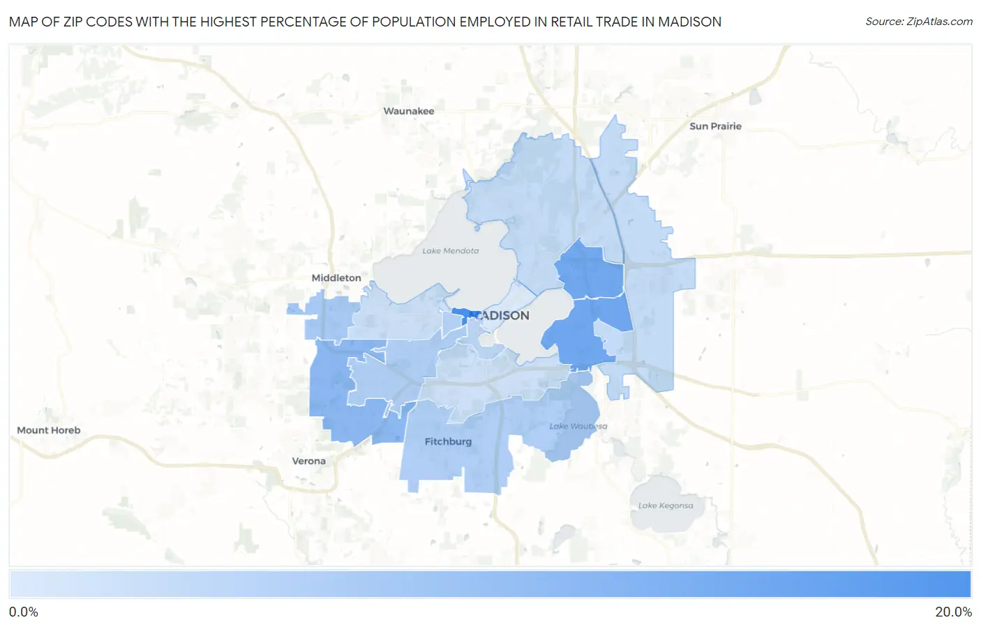 Zip Codes with the Highest Percentage of Population Employed in Retail Trade in Madison Map