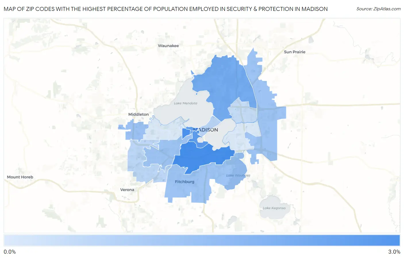 Zip Codes with the Highest Percentage of Population Employed in Security & Protection in Madison Map