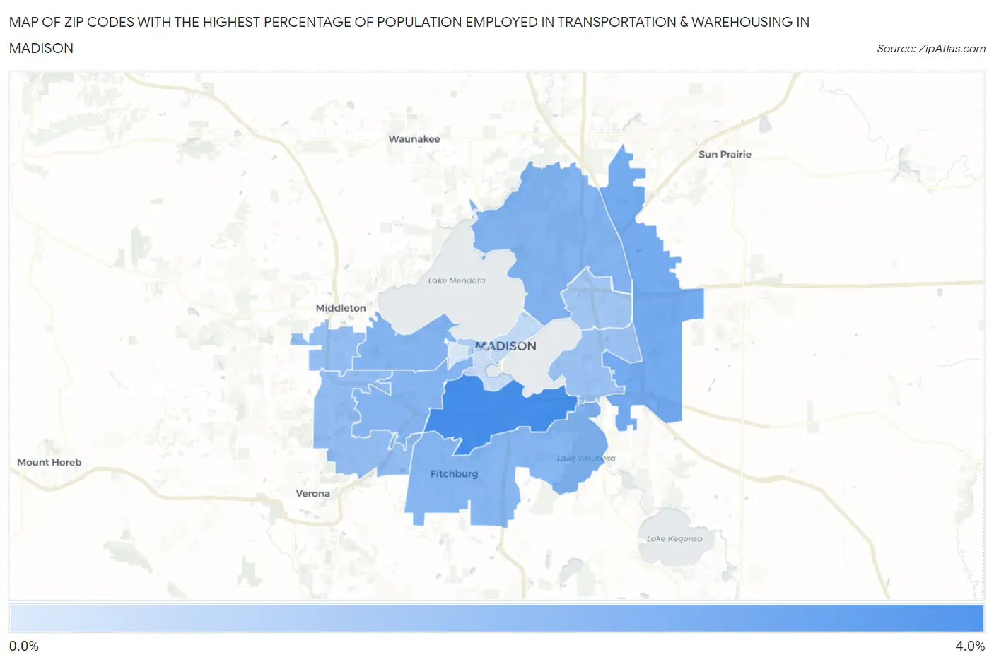 Zip Codes with the Highest Percentage of Population Employed in Transportation & Warehousing in Madison Map