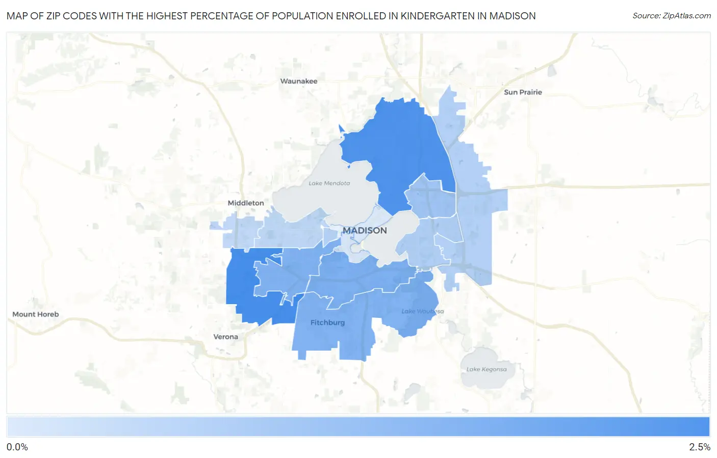 Zip Codes with the Highest Percentage of Population Enrolled in Kindergarten in Madison Map