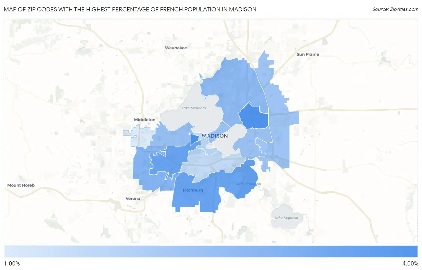 Zip Codes with the Highest Percentage of French Population in Madison Map