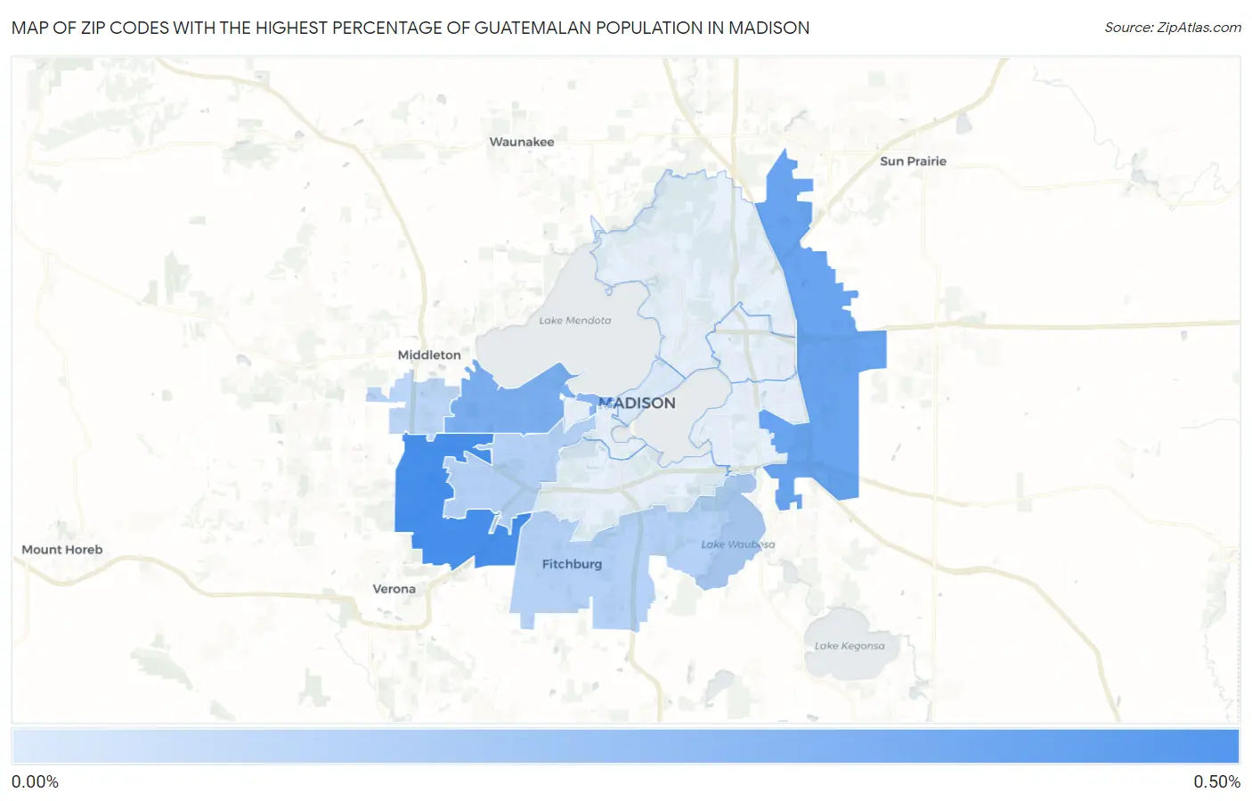 Zip Codes with the Highest Percentage of Guatemalan Population in Madison Map