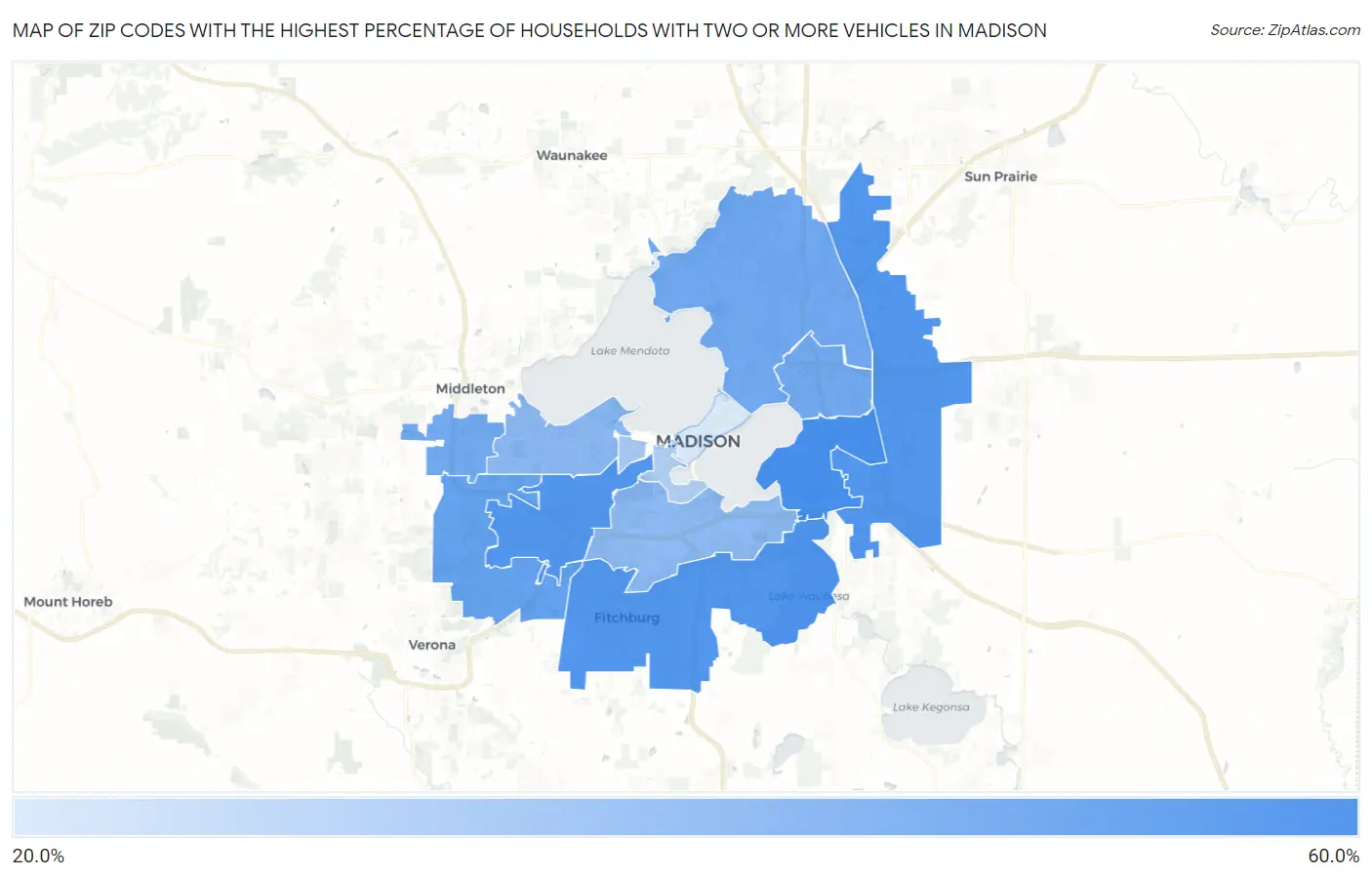Zip Codes with the Highest Percentage of Households With Two or more Vehicles in Madison Map