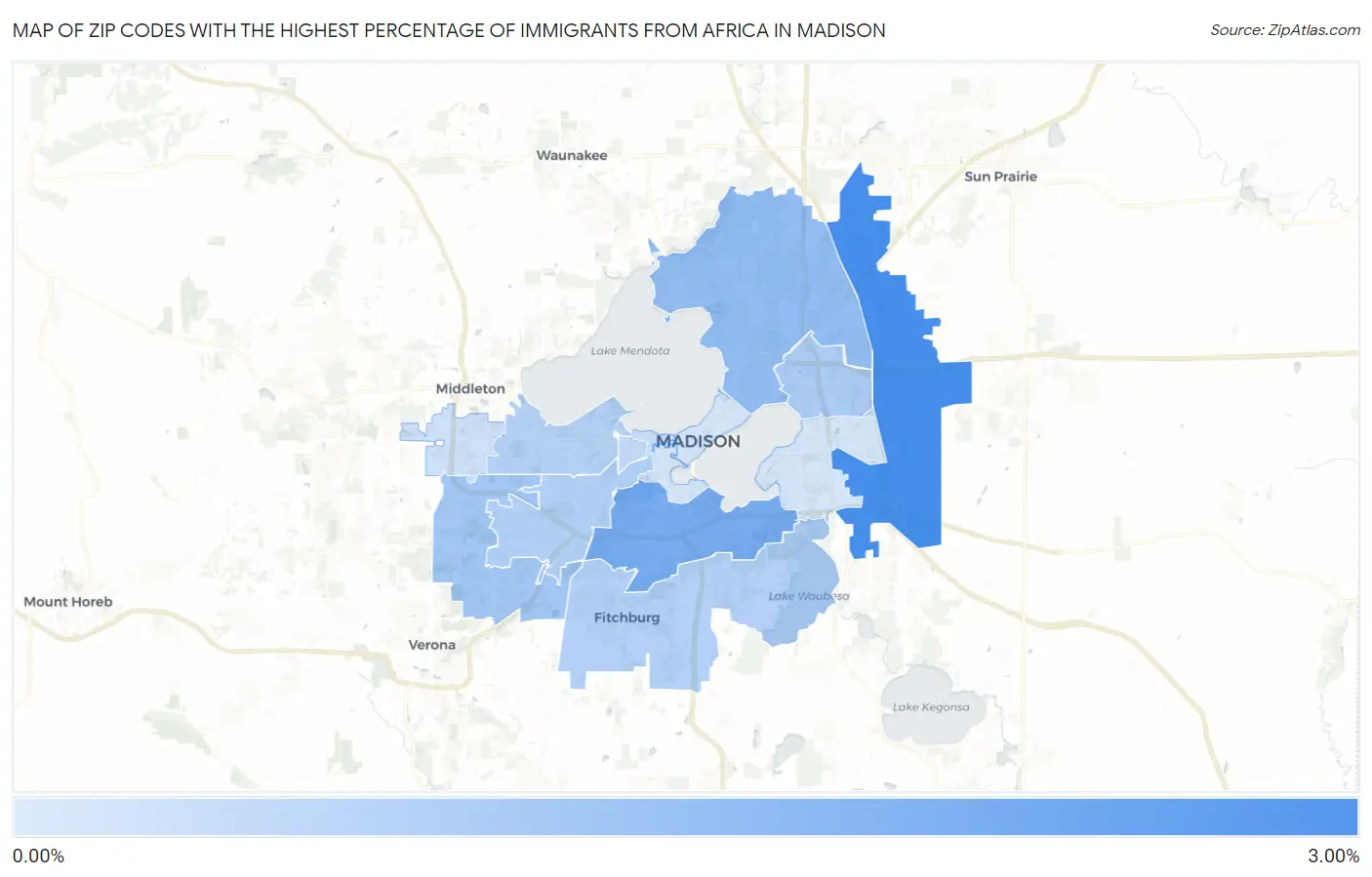 Zip Codes with the Highest Percentage of Immigrants from Africa in Madison Map