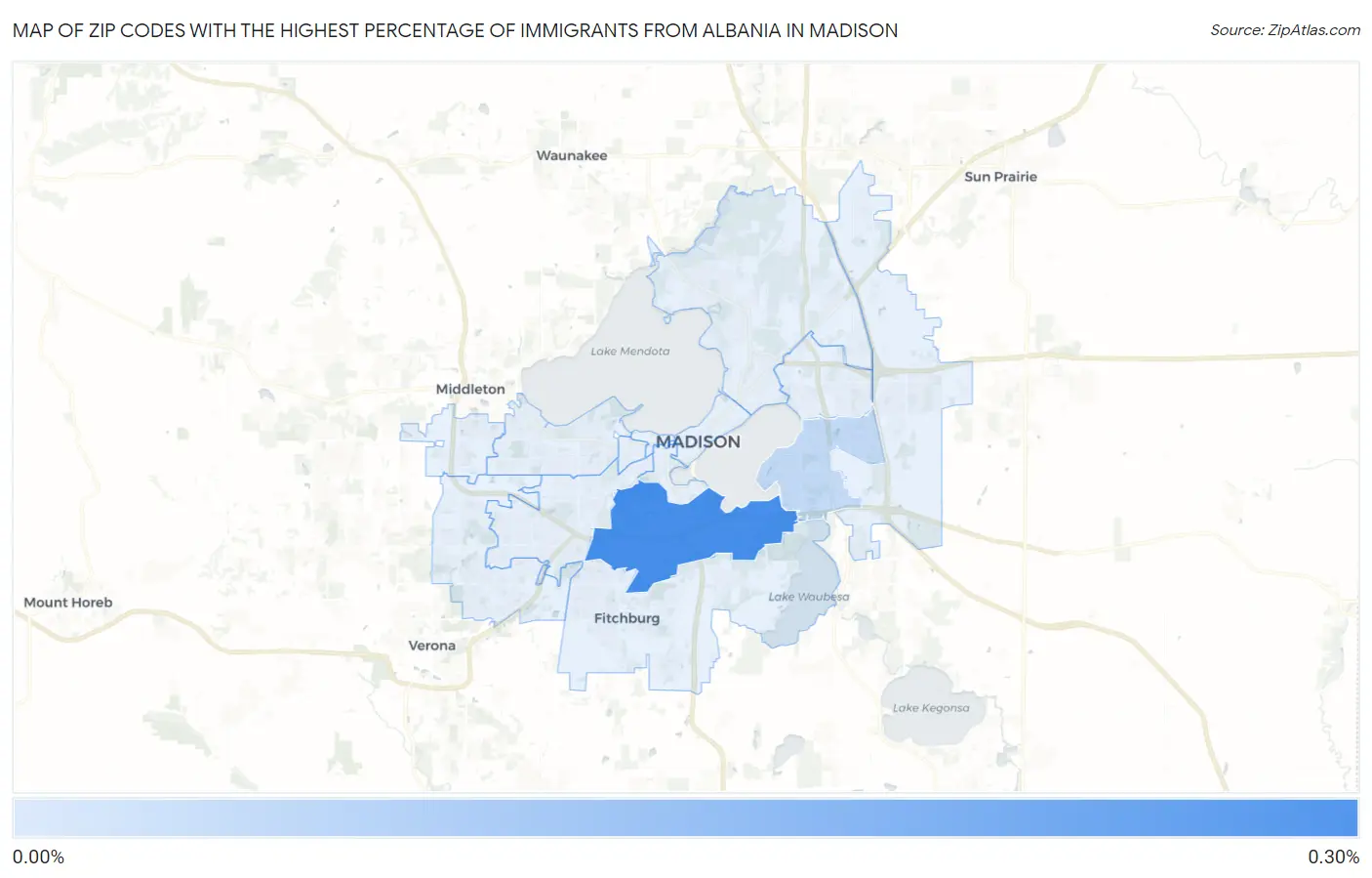 Zip Codes with the Highest Percentage of Immigrants from Albania in Madison Map