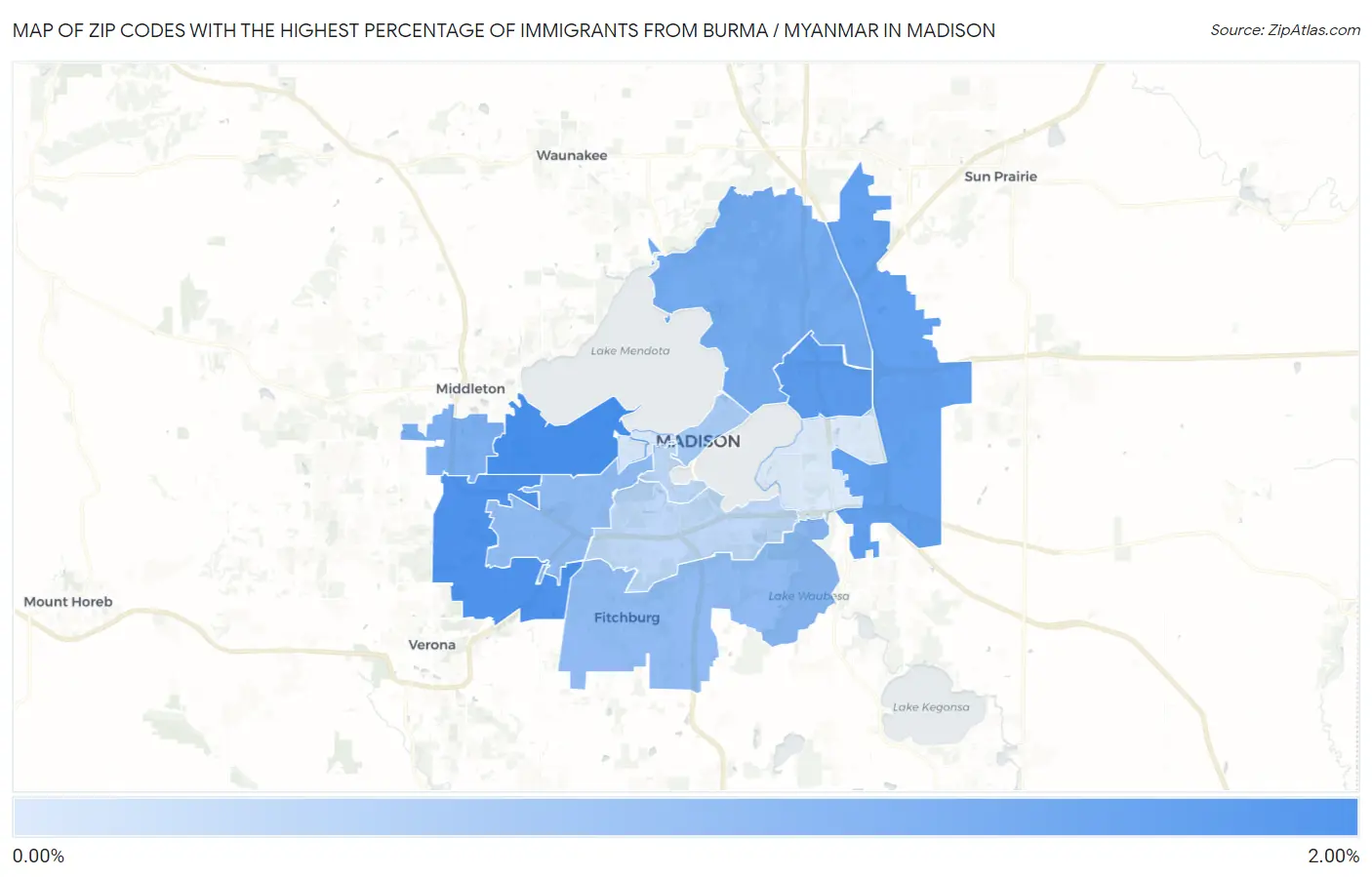 Zip Codes with the Highest Percentage of Immigrants from Burma / Myanmar in Madison Map