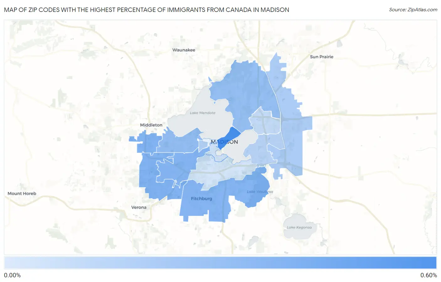 Zip Codes with the Highest Percentage of Immigrants from Canada in Madison Map
