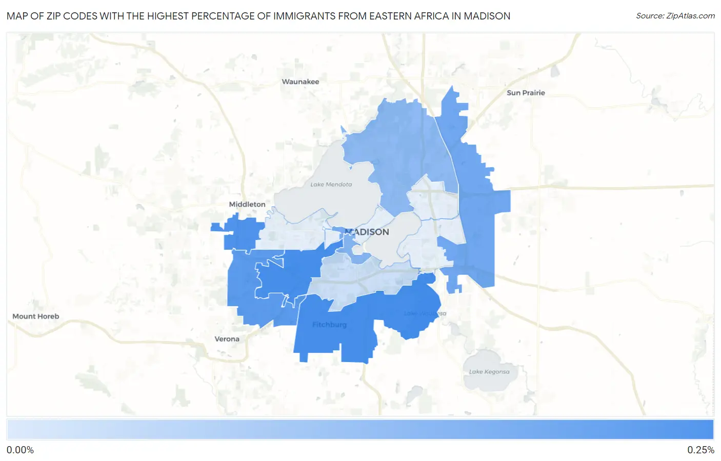 Zip Codes with the Highest Percentage of Immigrants from Eastern Africa in Madison Map