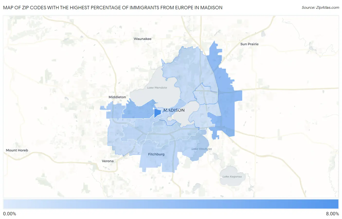 Zip Codes with the Highest Percentage of Immigrants from Europe in Madison Map