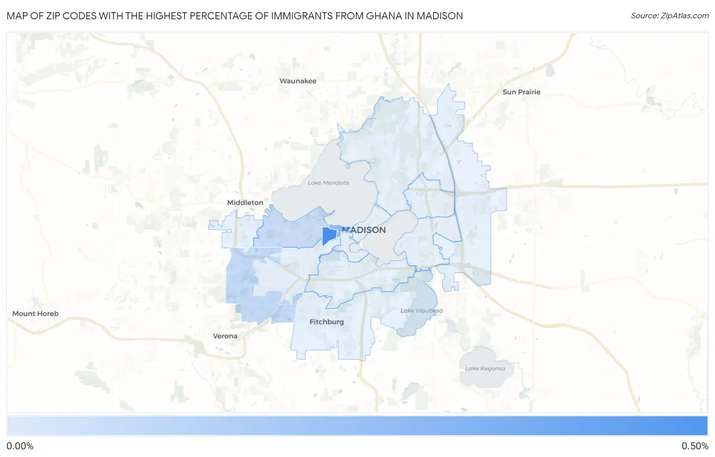 Zip Codes with the Highest Percentage of Immigrants from Ghana in Madison Map