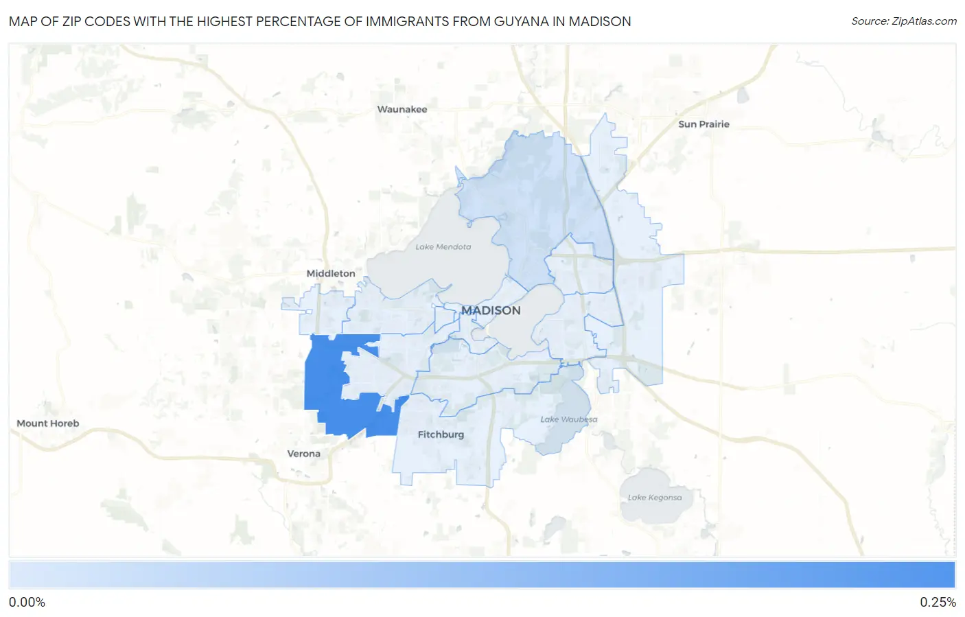 Zip Codes with the Highest Percentage of Immigrants from Guyana in Madison Map