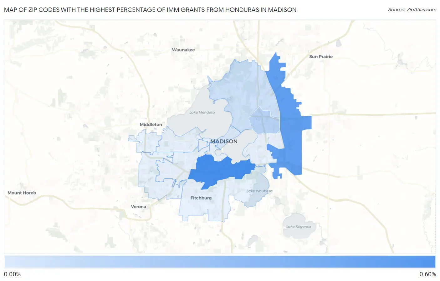 Zip Codes with the Highest Percentage of Immigrants from Honduras in Madison Map