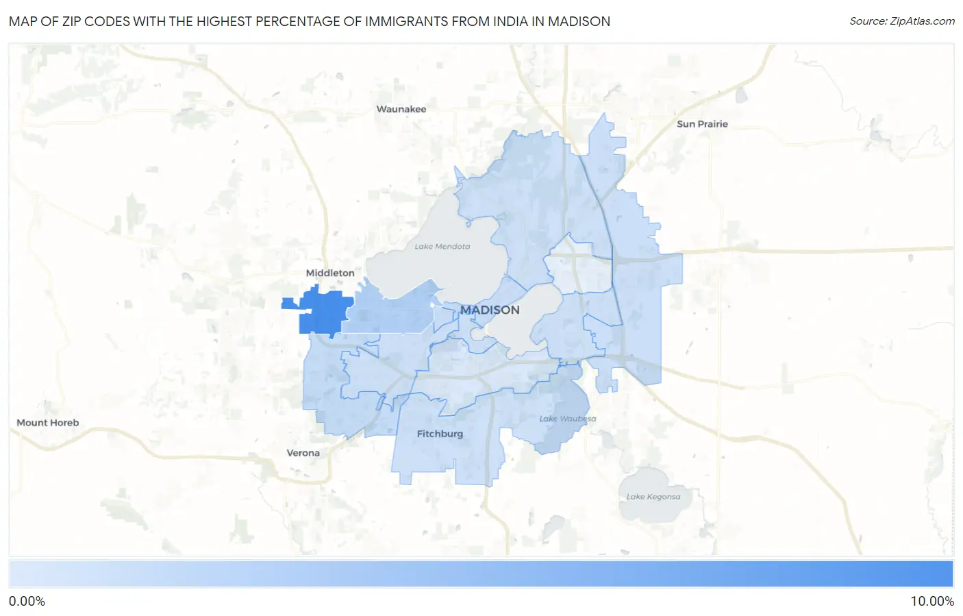 Zip Codes with the Highest Percentage of Immigrants from India in Madison Map