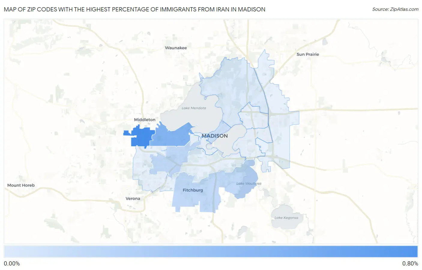 Zip Codes with the Highest Percentage of Immigrants from Iran in Madison Map