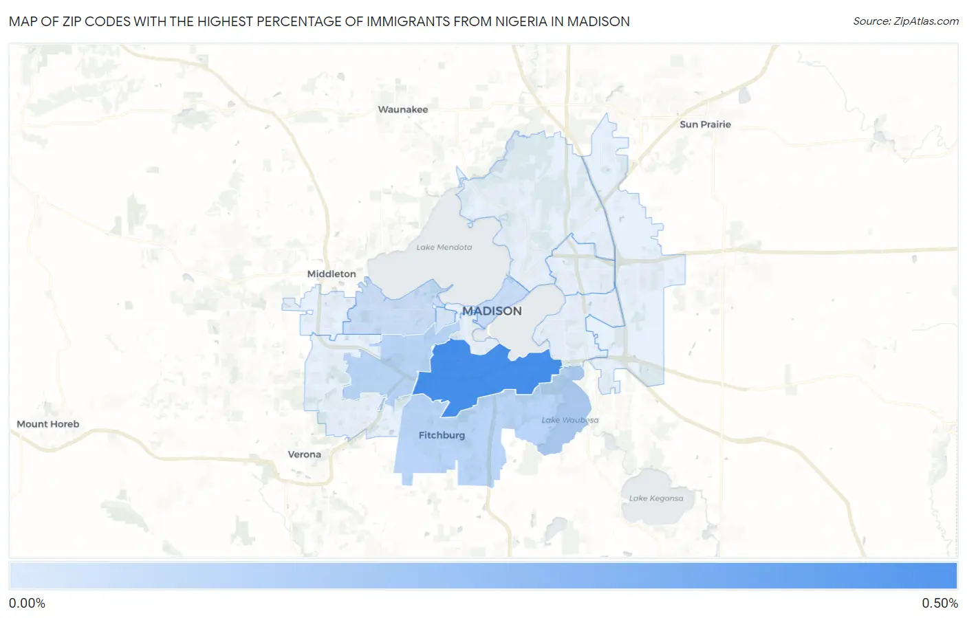 Zip Codes with the Highest Percentage of Immigrants from Nigeria in Madison Map