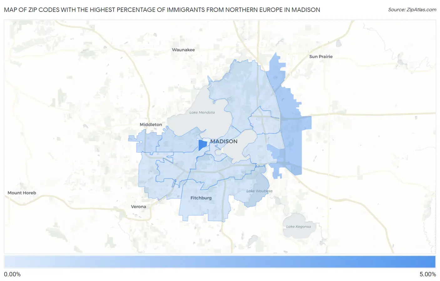 Zip Codes with the Highest Percentage of Immigrants from Northern Europe in Madison Map