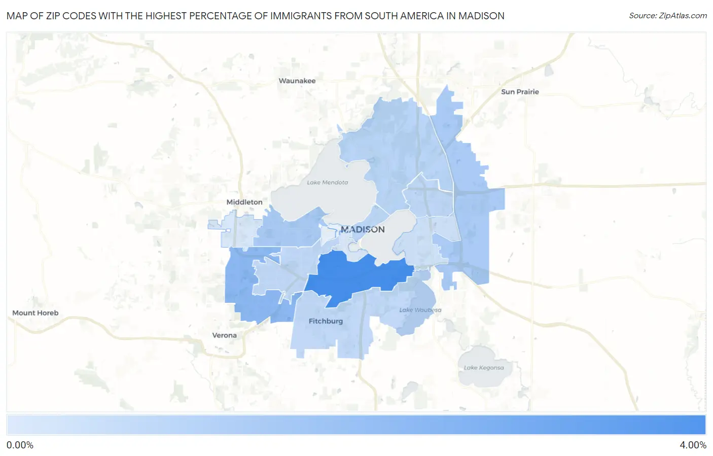 Zip Codes with the Highest Percentage of Immigrants from South America in Madison Map