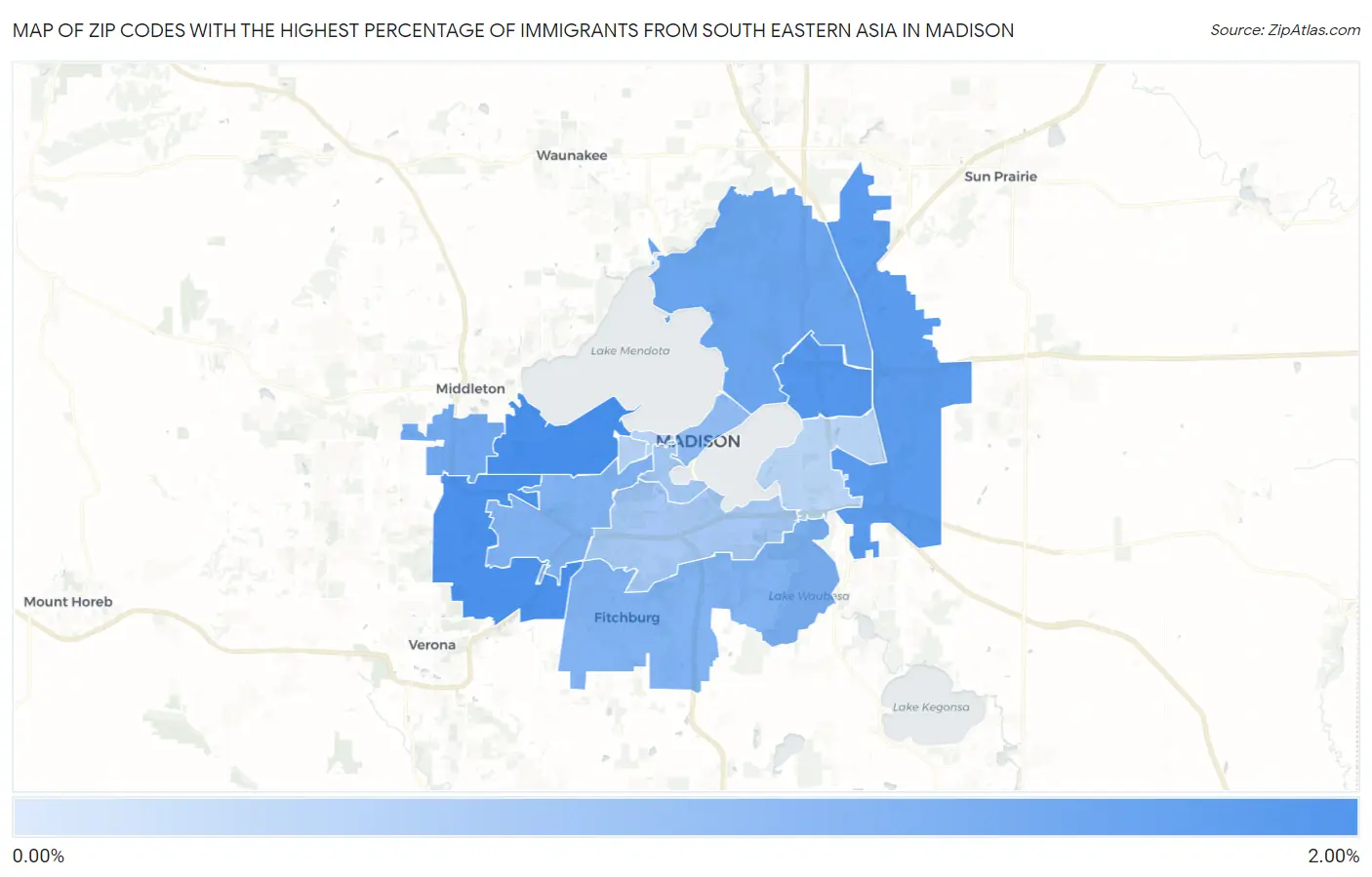 Zip Codes with the Highest Percentage of Immigrants from South Eastern Asia in Madison Map