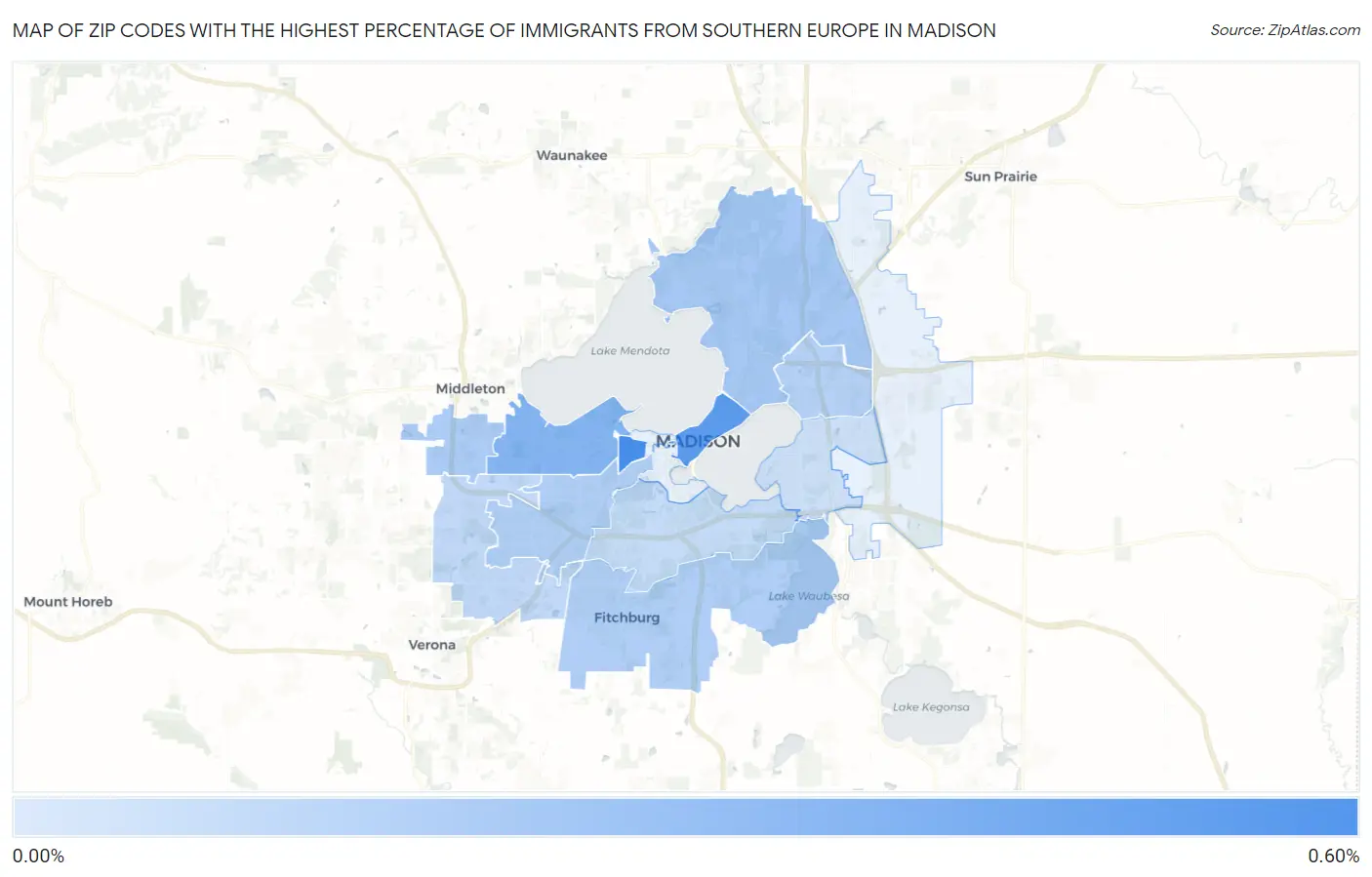Zip Codes with the Highest Percentage of Immigrants from Southern Europe in Madison Map