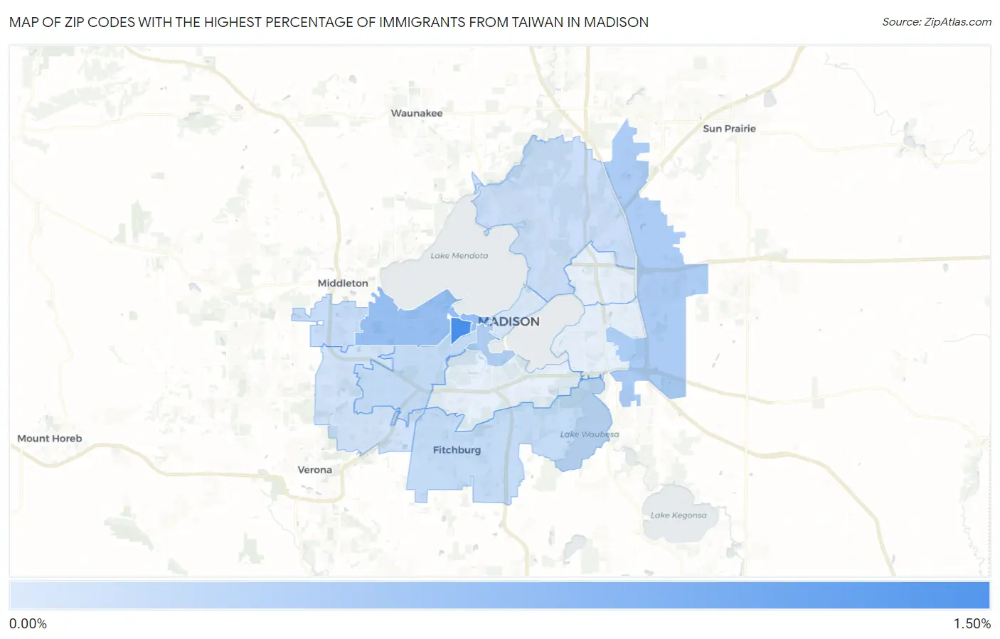 Zip Codes with the Highest Percentage of Immigrants from Taiwan in Madison Map