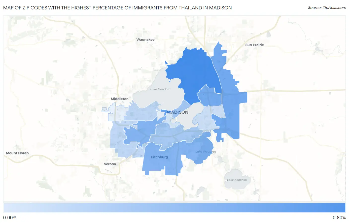 Zip Codes with the Highest Percentage of Immigrants from Thailand in Madison Map