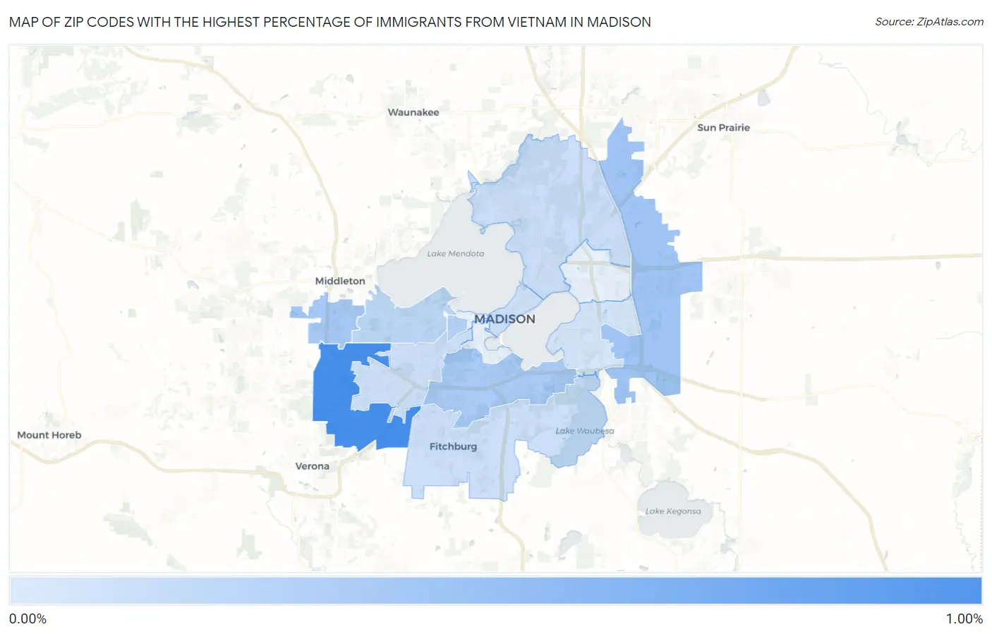 Zip Codes with the Highest Percentage of Immigrants from Vietnam in Madison Map