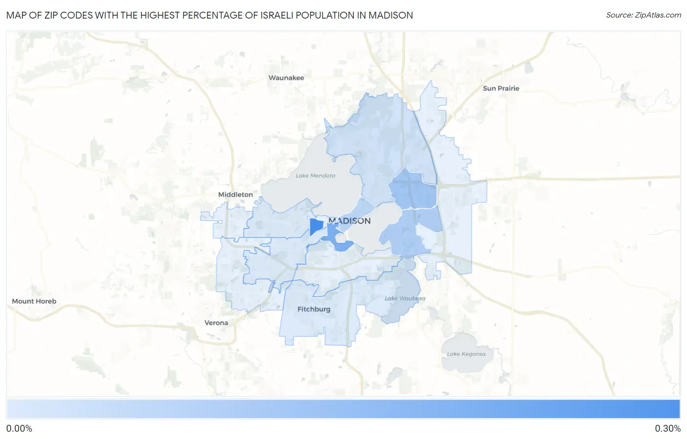 Zip Codes with the Highest Percentage of Israeli Population in Madison Map