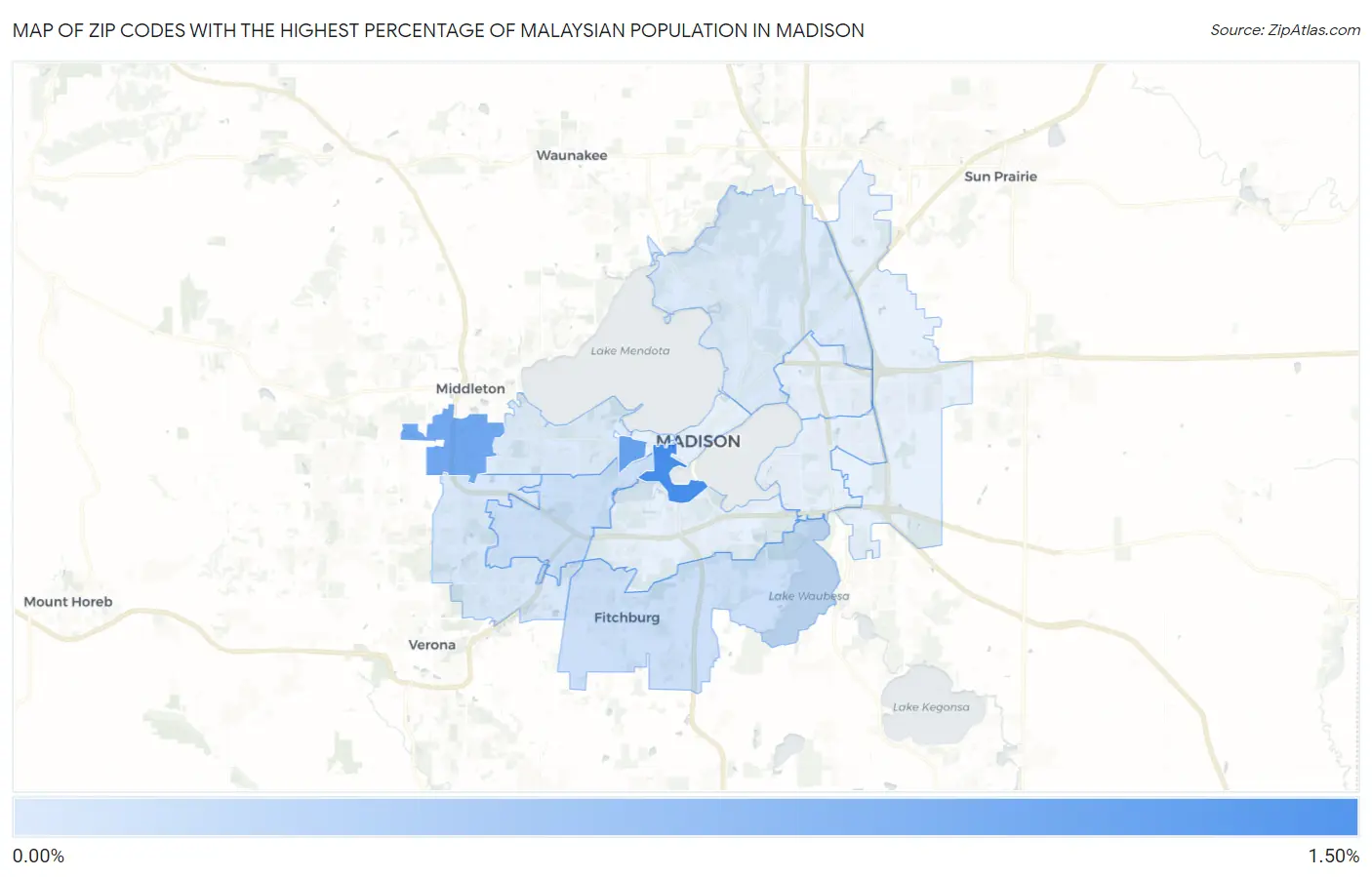 Zip Codes with the Highest Percentage of Malaysian Population in Madison Map