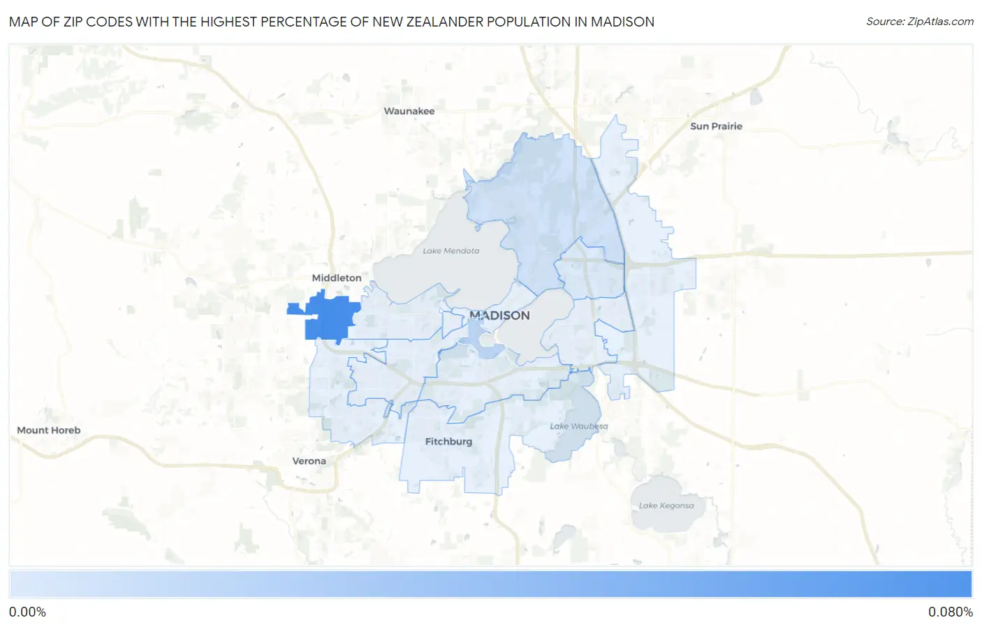Zip Codes with the Highest Percentage of New Zealander Population in Madison Map