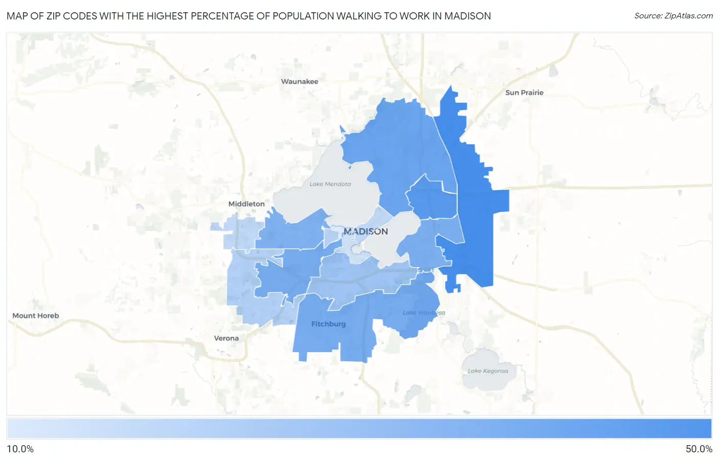 Zip Codes with the Highest Percentage of Population Walking to Work in Madison Map