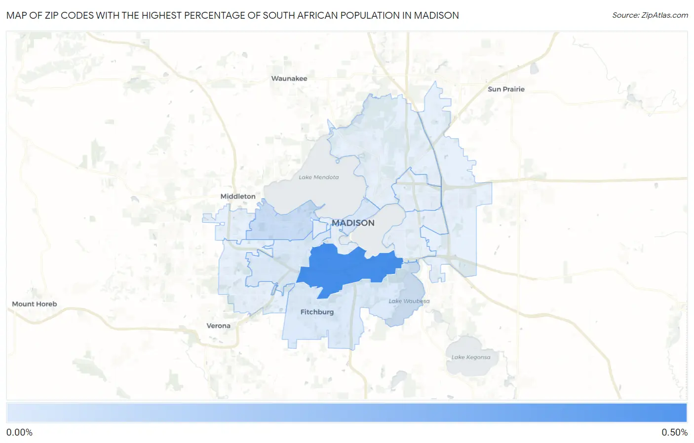 Zip Codes with the Highest Percentage of South African Population in Madison Map
