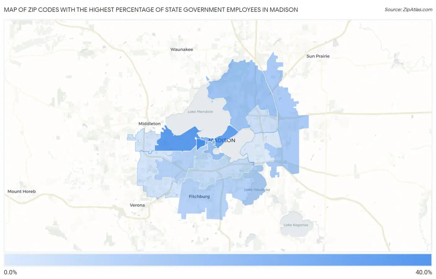 Zip Codes with the Highest Percentage of State Government Employees in Madison Map