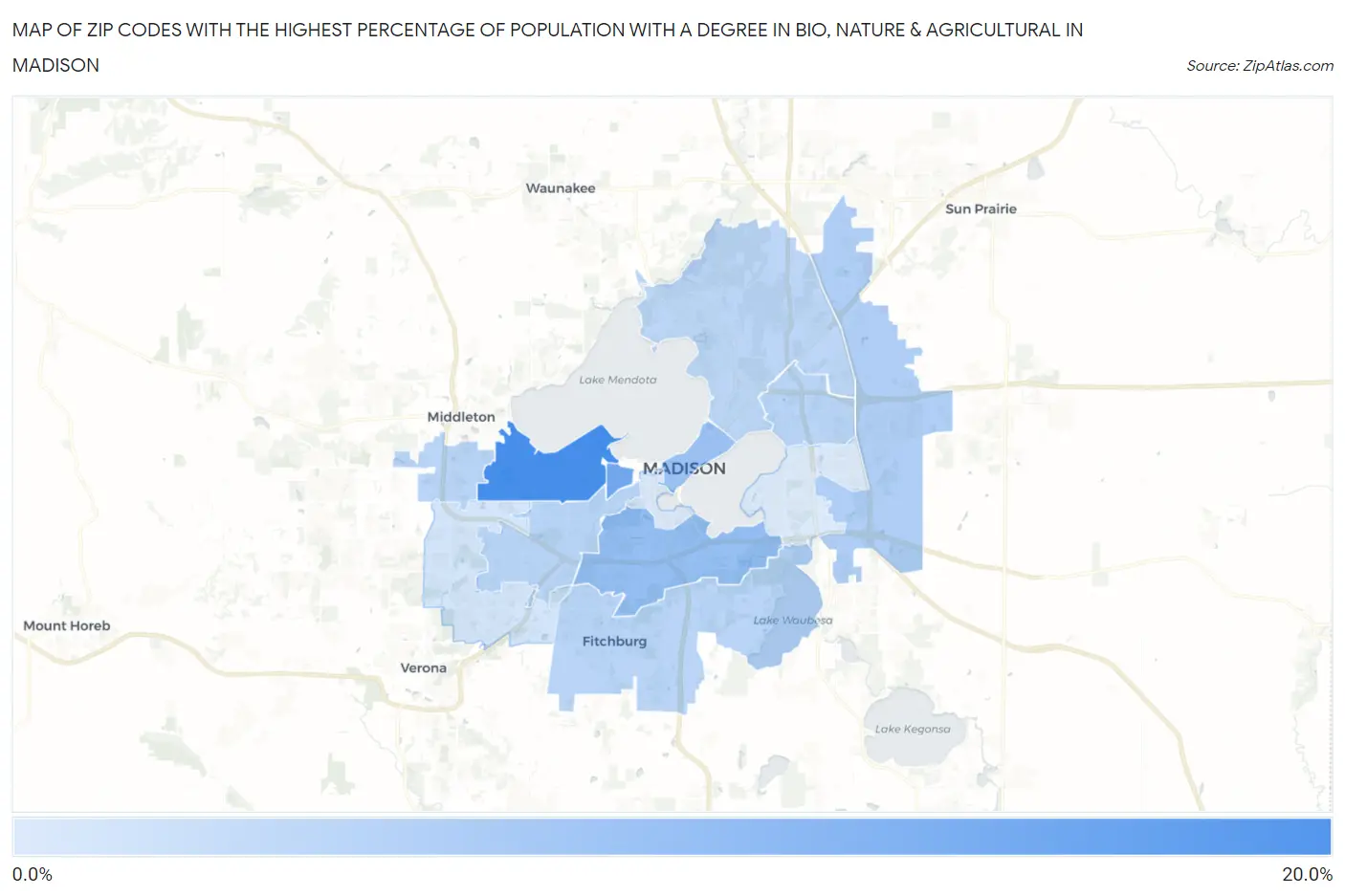 Zip Codes with the Highest Percentage of Population with a Degree in Bio, Nature & Agricultural in Madison Map