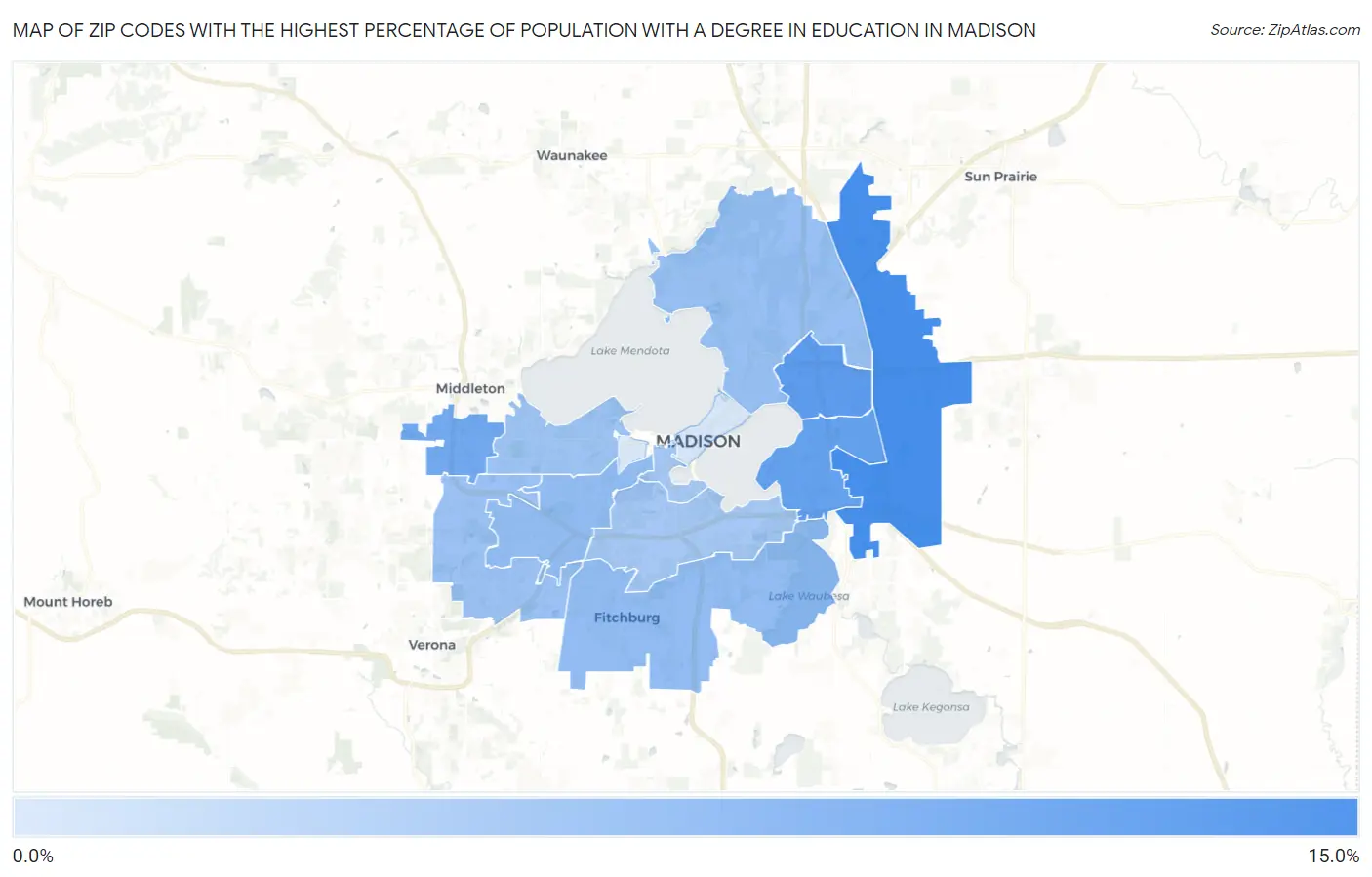 Zip Codes with the Highest Percentage of Population with a Degree in Education in Madison Map