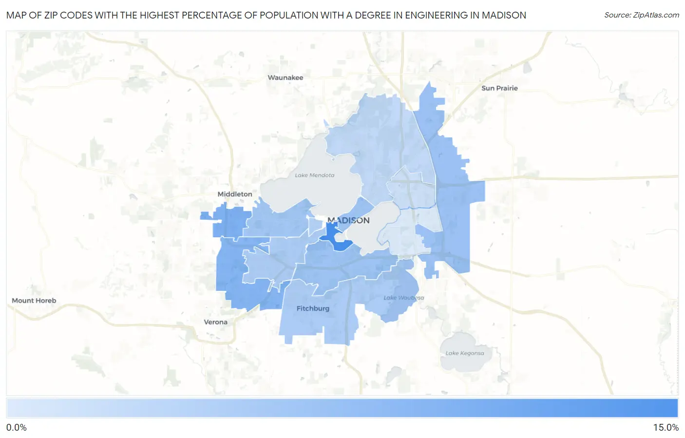 Zip Codes with the Highest Percentage of Population with a Degree in Engineering in Madison Map