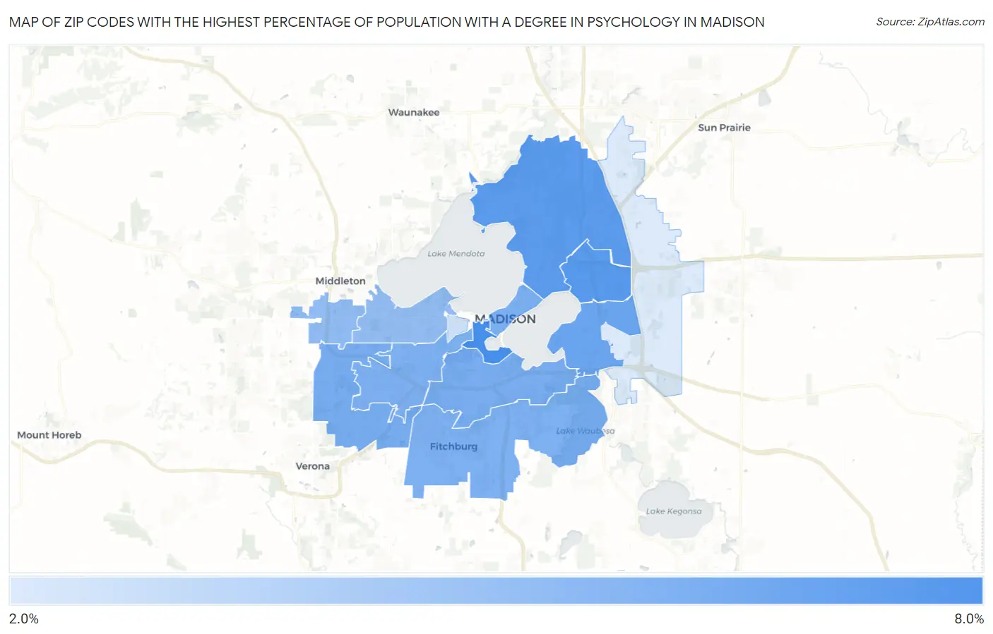 Zip Codes with the Highest Percentage of Population with a Degree in Psychology in Madison Map