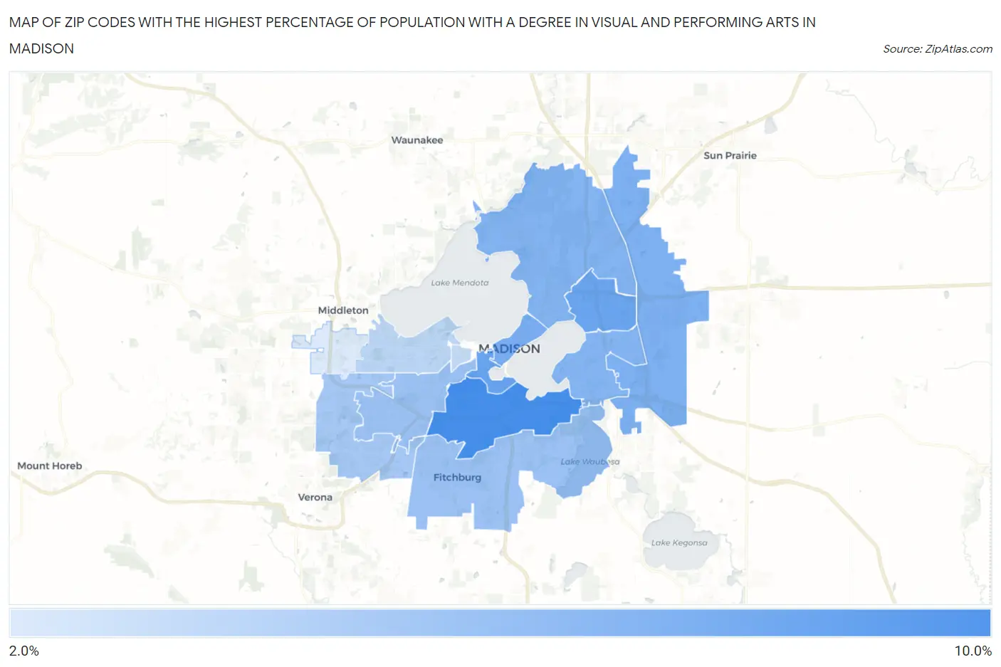 Zip Codes with the Highest Percentage of Population with a Degree in Visual and Performing Arts in Madison Map