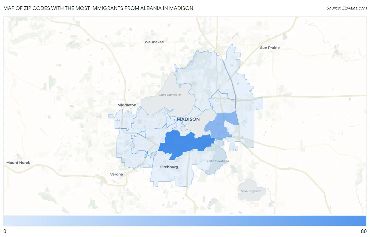 Zip Codes with the Most Immigrants from Albania in Madison Map