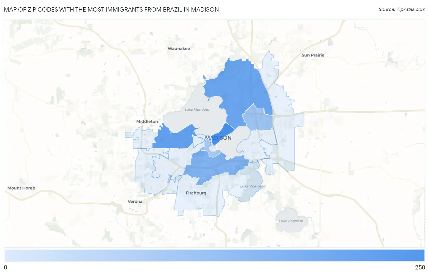 Zip Codes with the Most Immigrants from Brazil in Madison Map