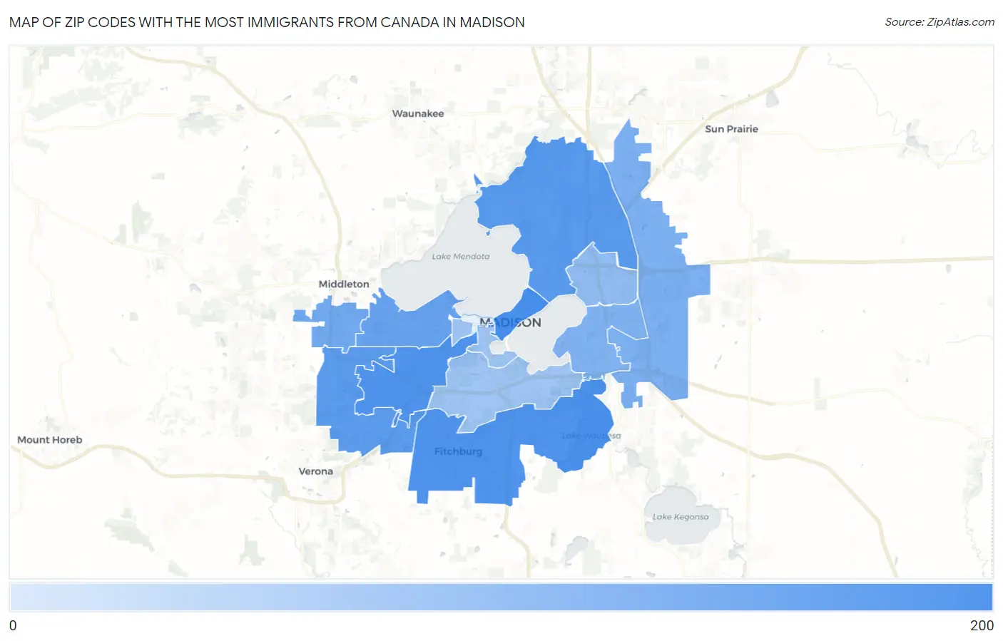 Zip Codes with the Most Immigrants from Canada in Madison Map