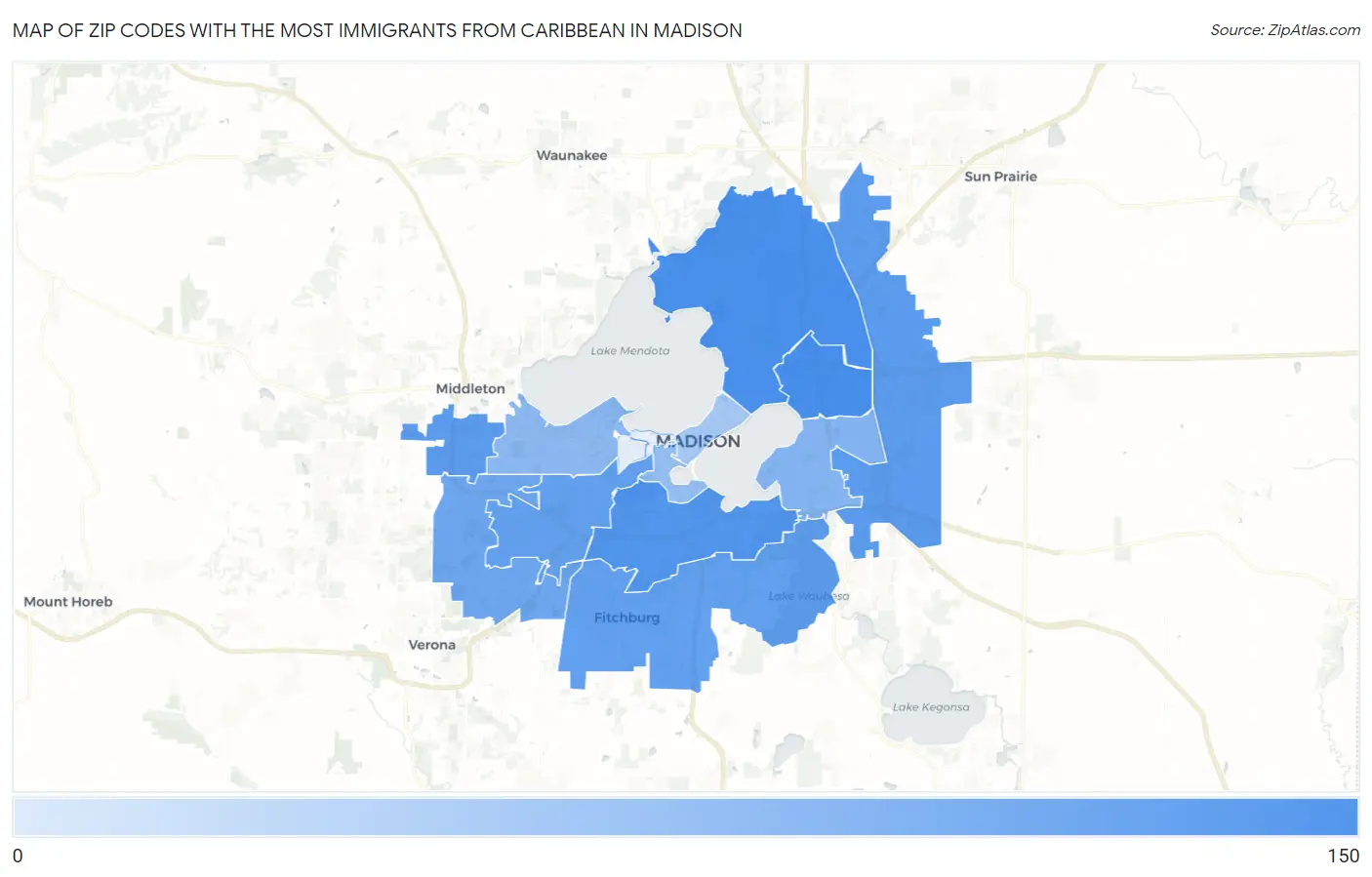 Zip Codes with the Most Immigrants from Caribbean in Madison Map