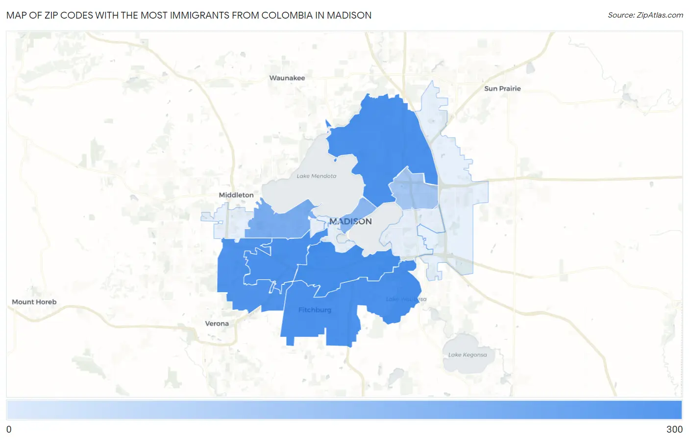 Zip Codes with the Most Immigrants from Colombia in Madison Map