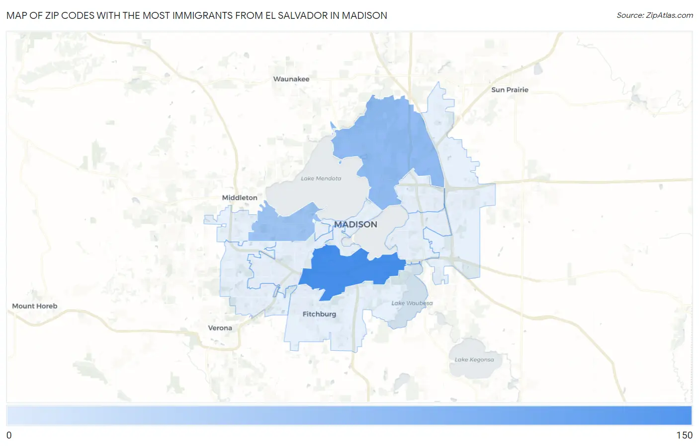 Zip Codes with the Most Immigrants from El Salvador in Madison Map