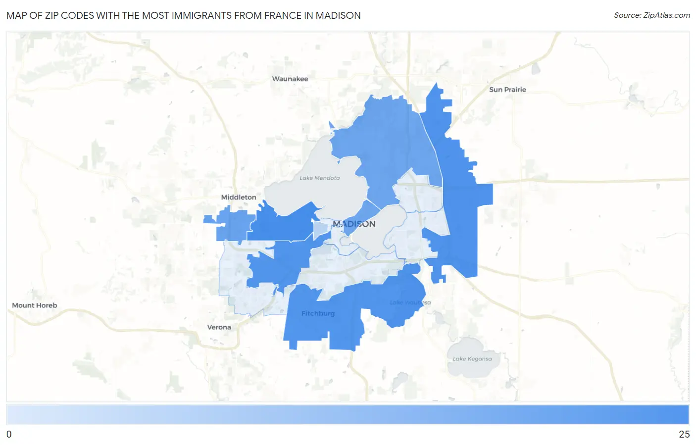 Zip Codes with the Most Immigrants from France in Madison Map
