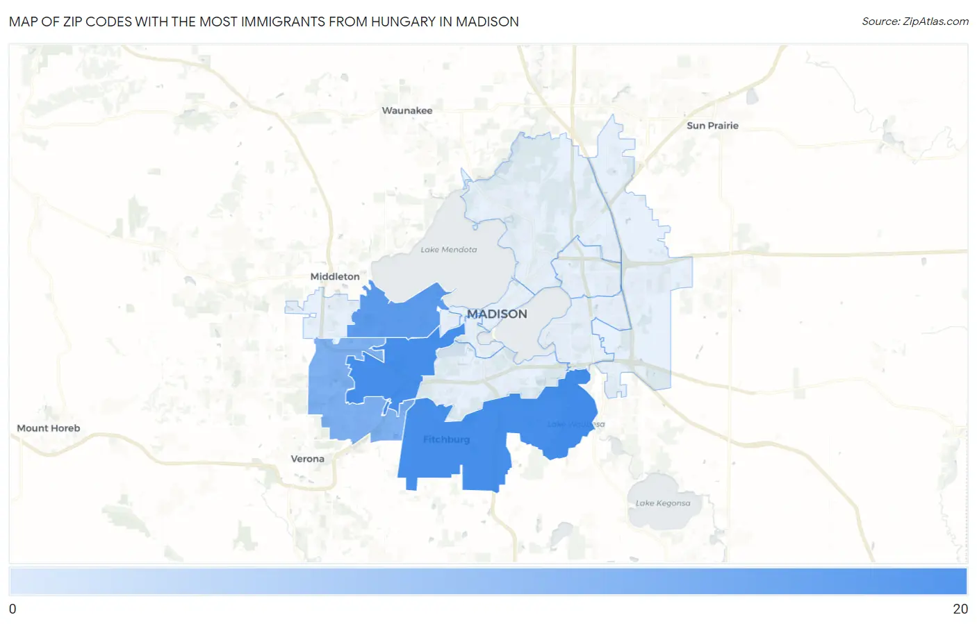 Zip Codes with the Most Immigrants from Hungary in Madison Map