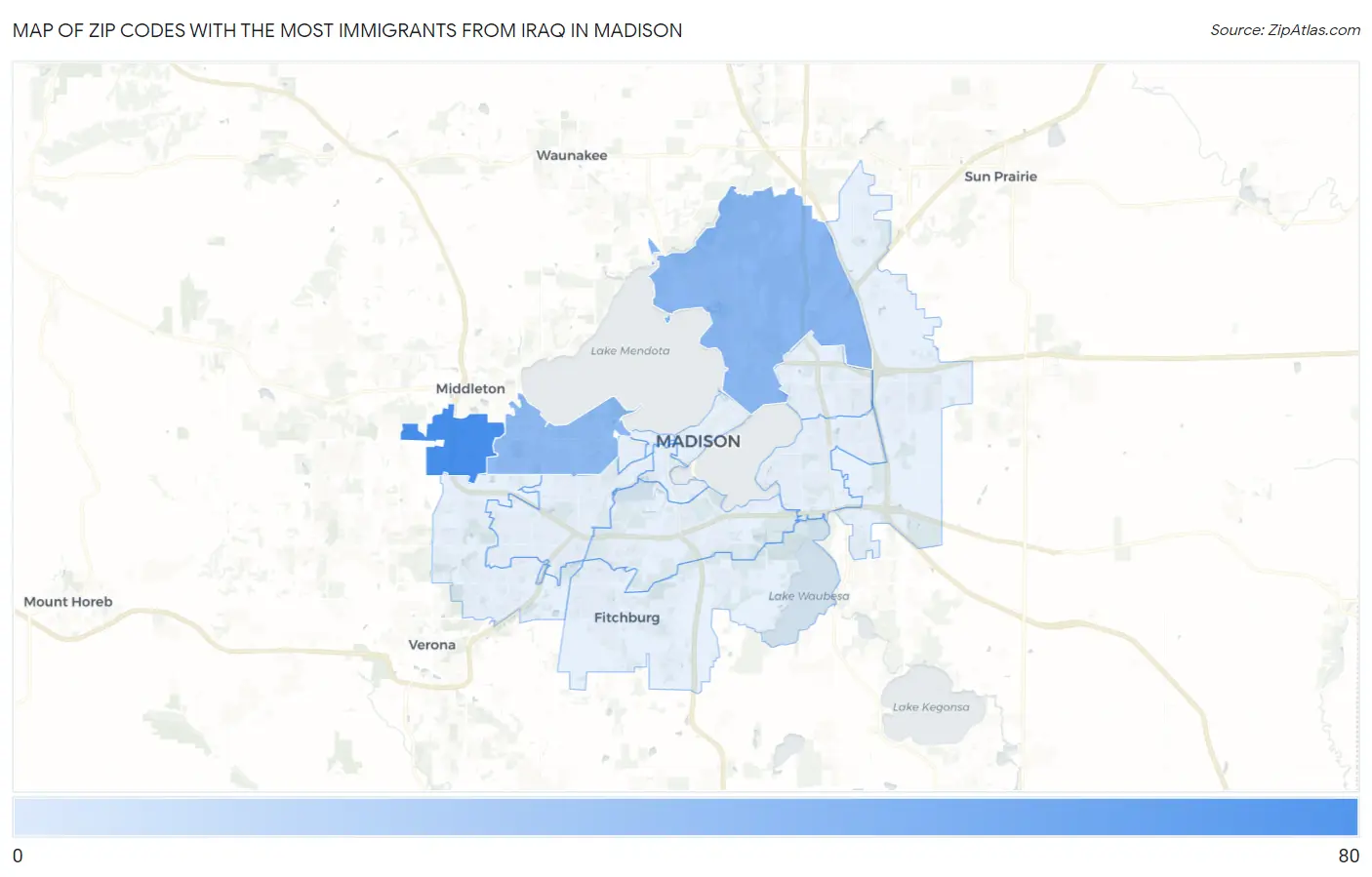 Zip Codes with the Most Immigrants from Iraq in Madison Map