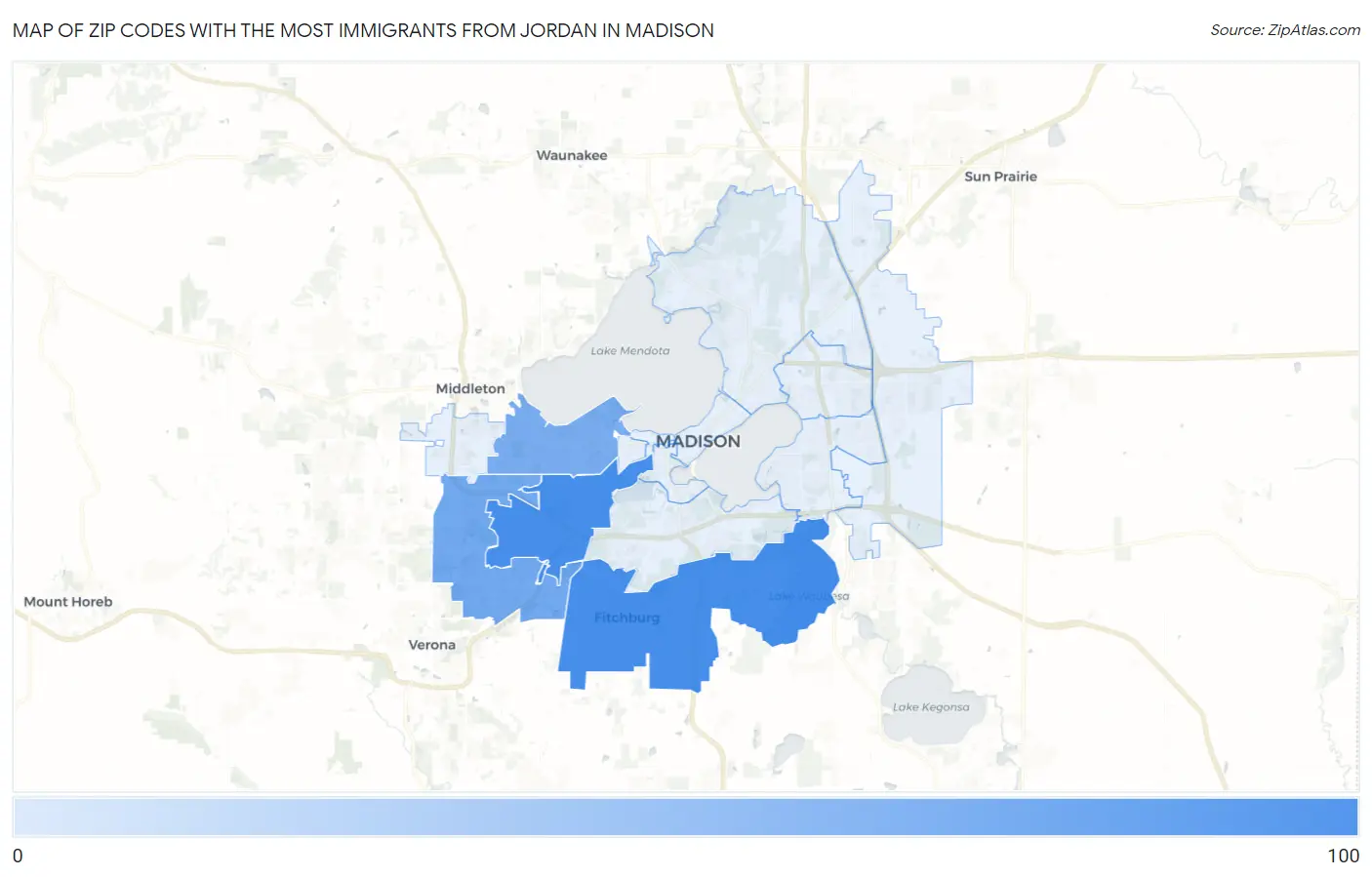 Zip Codes with the Most Immigrants from Jordan in Madison Map